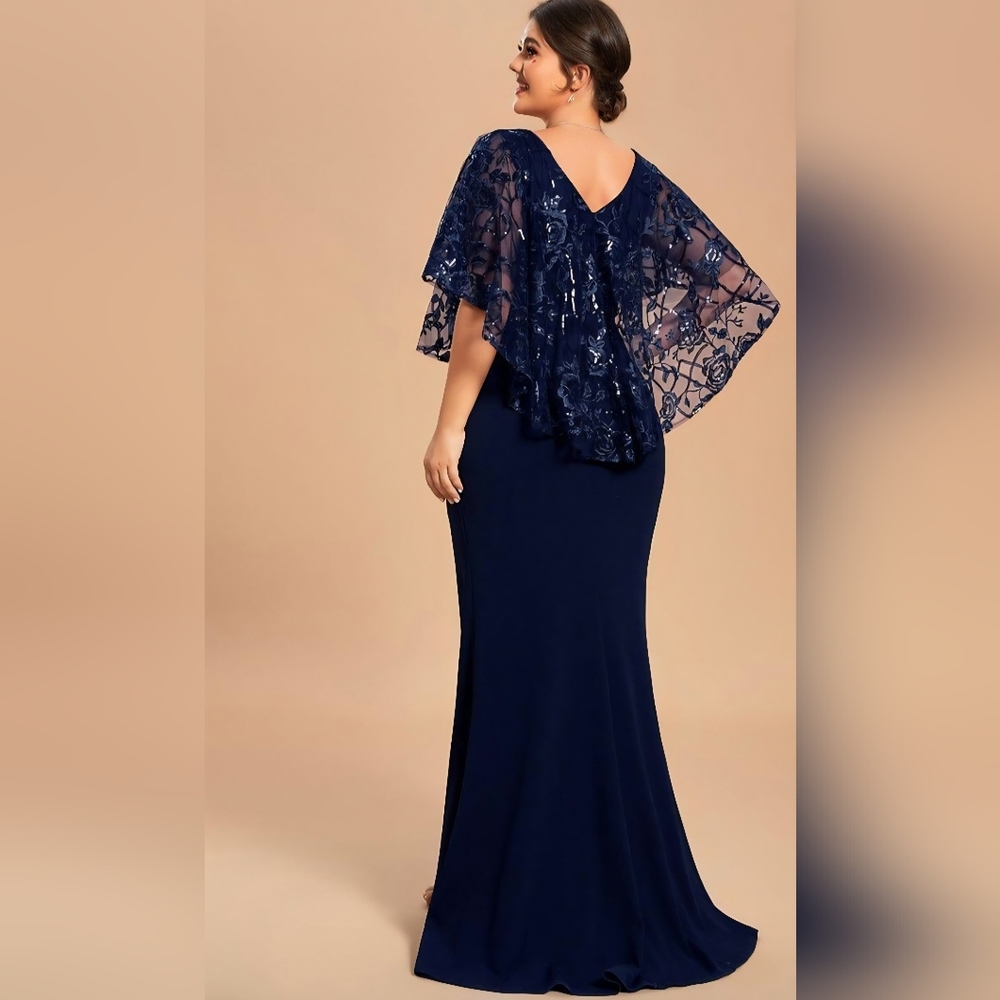 Ever Pretty Navy Blue Long Gown with Lace & Sequins Cape Sleeves Overlay Sz 16 - Picture 3 of 4